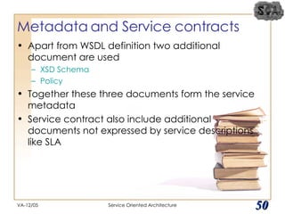 Metadata and Service contracts Apart from WSDL definition two additional document are used XSD Schema Policy Together these three documents form the service metadata Service contract also include additional documents not expressed by service descriptions like SLA VA-12/05 Service Oriented Architecture 