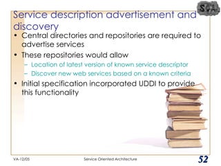 Service description advertisement and discovery Central directories and repositories are required to advertise services These repositories would allow Location of latest version of known service descriptor Discover new web services based on a known criteria Initial specification incorporated UDDI to provide this functionality VA-12/05 Service Oriented Architecture 
