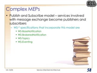 Complex MEPs Publish and Subscribe model – services involved with message exchange become publishers and subscribers WS-* specifications that incorporate this model are WS-BaseNotification WS-BrokeredNotification WS-Topics WS-Eventing VA-12/05 Service Oriented Architecture 