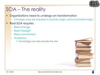 SOA – The reality Organizations need to undergo an transformation Changes may be required in business logic and automation logic Real SOA requires Real Change Real Foresight Real commitment Guidance Technology can only provide this one VA-12/05 Service Oriented Architecture 