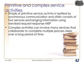 Primitive and complex service activities Simple or primitive service activity is typified by synchronous communication and often consists of two services exchanging information using standard request-response MEP Complex activities can involve many services that collaborate to complete multiple process steps over a long period of time VA-12/05 Service Oriented Architecture 
