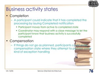 Business activity states Completion A participant could indicate that it has completed the processing by issuing Completed notification Participant moves from active to completed state Coordinator may respond with a close message to let the participant know that business activity is successfully completed Compensation If things do not go as planned, participants could enter compensation state where they attempt to perform some kind of exception handling VA-12/05 Service Oriented Architecture 