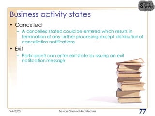 Business activity states Cancelled A cancelled stated could be entered which results in termination of any further processing except distribution of cancellation notifications Exit Participants can enter exit state by issuing an exit notification message VA-12/05 Service Oriented Architecture 