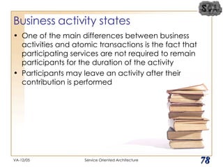 Business activity states One of the main differences between business activities and atomic transactions is the fact that participating services are not required to remain participants for the duration of the activity Participants may leave an activity after their contribution is performed VA-12/05 Service Oriented Architecture 