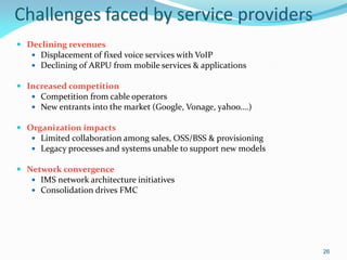 Challenges faced by service providers
 Declining revenues
    Displacement of fixed voice services with VoIP
    Declining of ARPU from mobile services & applications

 Increased competition
    Competition from cable operators
    New entrants into the market (Google, Vonage, yahoo….)

 Organization impacts
    Limited collaboration among sales, OSS/BSS & provisioning
    Legacy processes and systems unable to support new models

 Network convergence
    IMS network architecture initiatives
    Consolidation drives FMC




                                                                 26
 