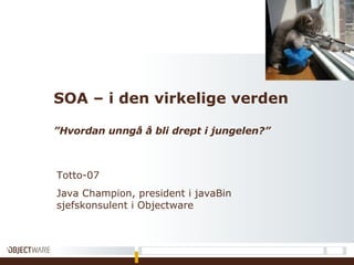 SOA – i den virkelige verden ”Hvordan unngå å bli drept i jungelen?” Totto-07 Java Champion, president i javaBin sjefskonsulent i Objectware  