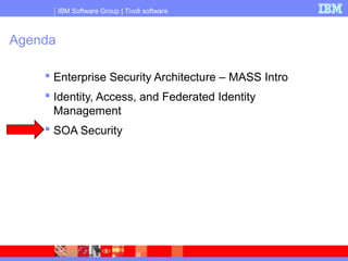 IBM Software Group | Tivoli software
Agenda
 Enterprise Security Architecture – MASS Intro
 Identity, Access, and Federated Identity
Management
 SOA Security
 