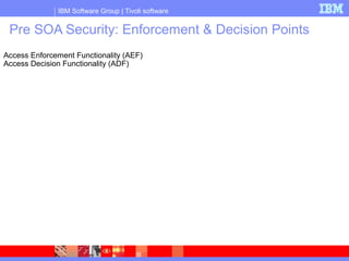 IBM Software Group | Tivoli software
Pre SOA Security: Enforcement & Decision Points
Access Enforcement Functionality (AEF)
Access Decision Functionality (ADF)
 