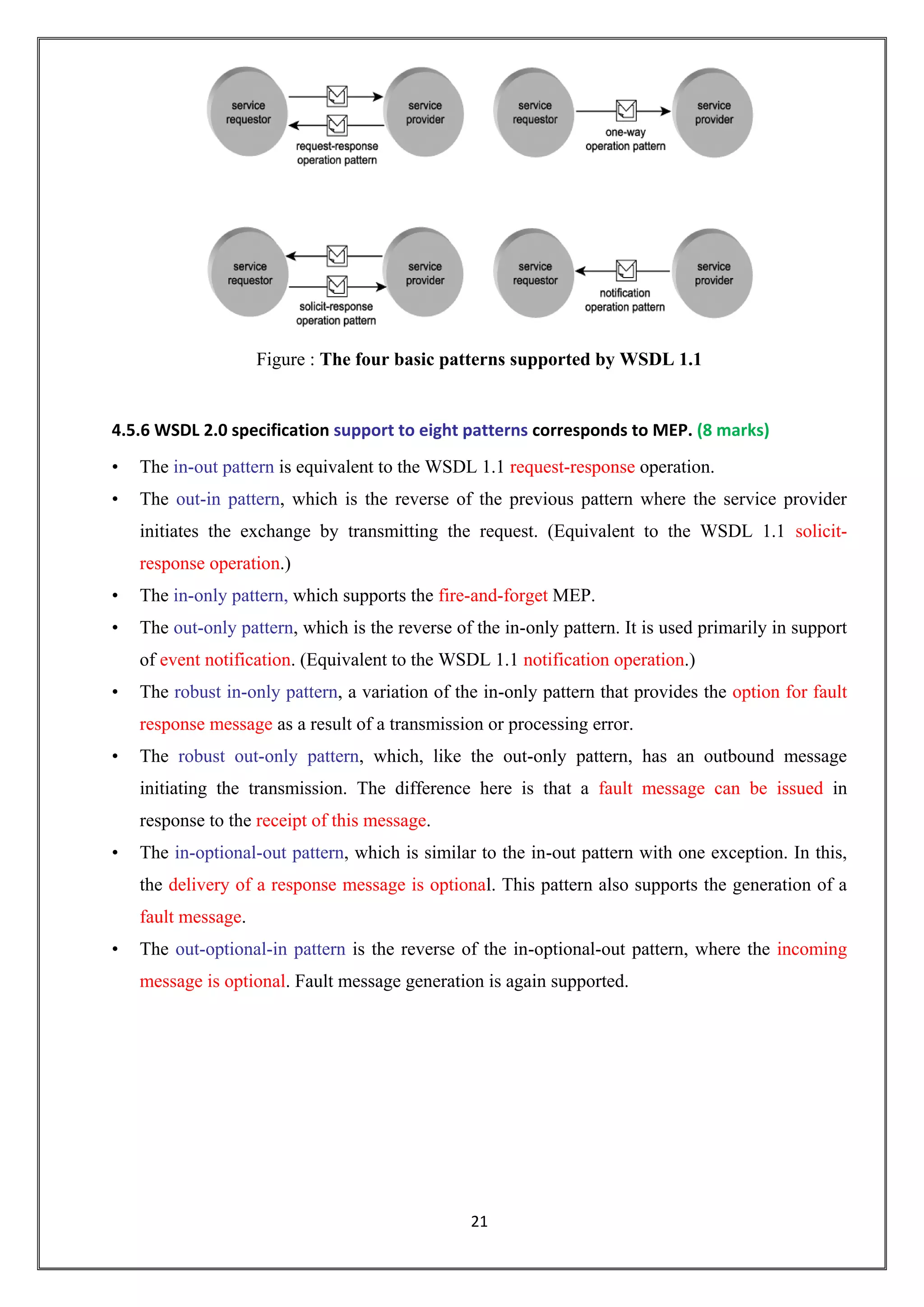 21
Figure : The four basic patterns supported by WSDL 1.1
4.5.6 WSDL 2.0 specification support to eight patterns corresponds to MEP. (8 marks)
• The in-out pattern is equivalent to the WSDL 1.1 request-response operation.
• The out-in pattern, which is the reverse of the previous pattern where the service provider
initiates the exchange by transmitting the request. (Equivalent to the WSDL 1.1 solicit-
response operation.)
• The in-only pattern, which supports the fire-and-forget MEP.
• The out-only pattern, which is the reverse of the in-only pattern. It is used primarily in support
of event notification. (Equivalent to the WSDL 1.1 notification operation.)
• The robust in-only pattern, a variation of the in-only pattern that provides the option for fault
response message as a result of a transmission or processing error.
• The robust out-only pattern, which, like the out-only pattern, has an outbound message
initiating the transmission. The difference here is that a fault message can be issued in
response to the receipt of this message.
• The in-optional-out pattern, which is similar to the in-out pattern with one exception. In this,
the delivery of a response message is optional. This pattern also supports the generation of a
fault message.
• The out-optional-in pattern is the reverse of the in-optional-out pattern, where the incoming
message is optional. Fault message generation is again supported.
 