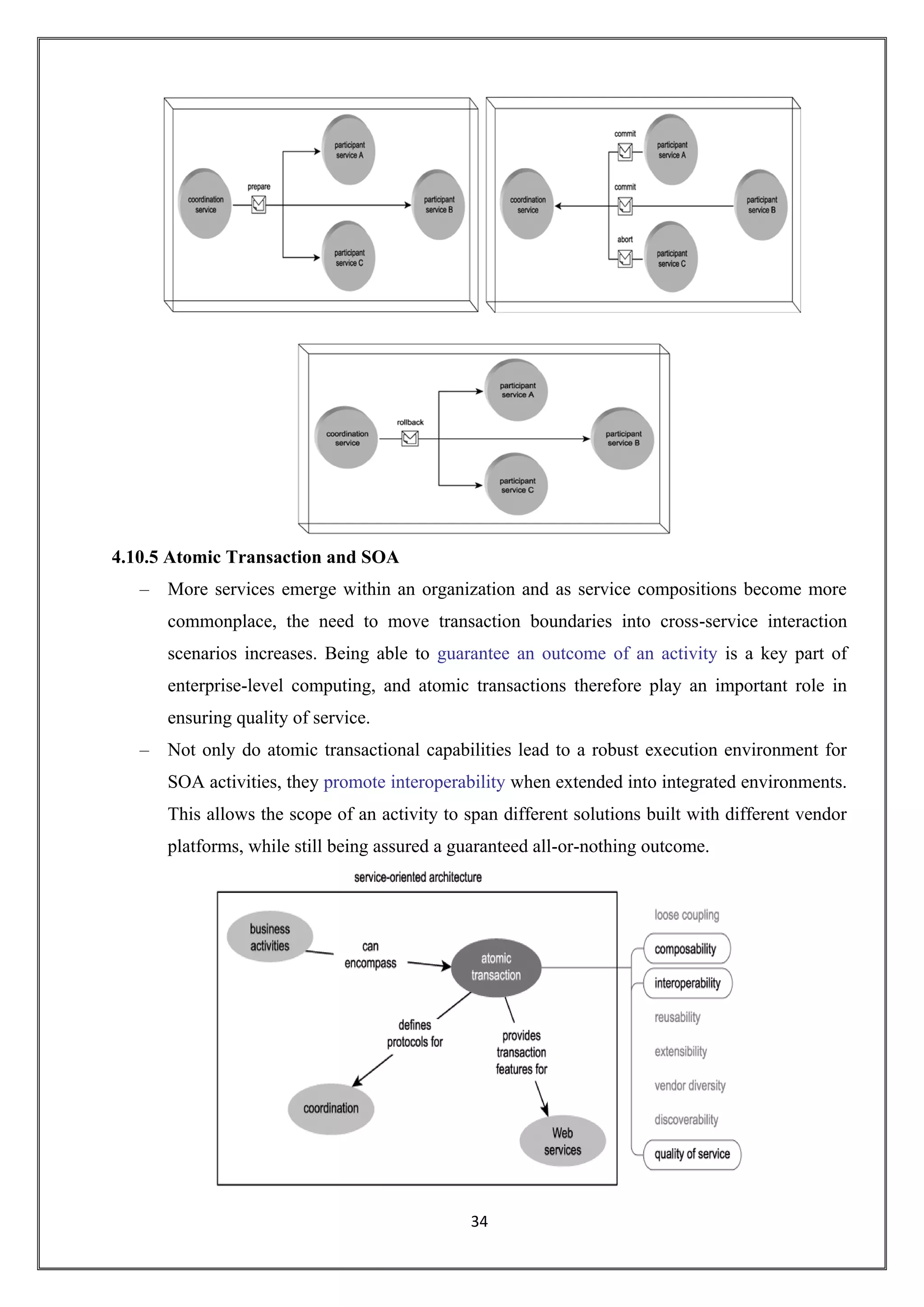 34
4.10.5 Atomic Transaction and SOA
– More services emerge within an organization and as service compositions become more
commonplace, the need to move transaction boundaries into cross-service interaction
scenarios increases. Being able to guarantee an outcome of an activity is a key part of
enterprise-level computing, and atomic transactions therefore play an important role in
ensuring quality of service.
– Not only do atomic transactional capabilities lead to a robust execution environment for
SOA activities, they promote interoperability when extended into integrated environments.
This allows the scope of an activity to span different solutions built with different vendor
platforms, while still being assured a guaranteed all-or-nothing outcome.
 