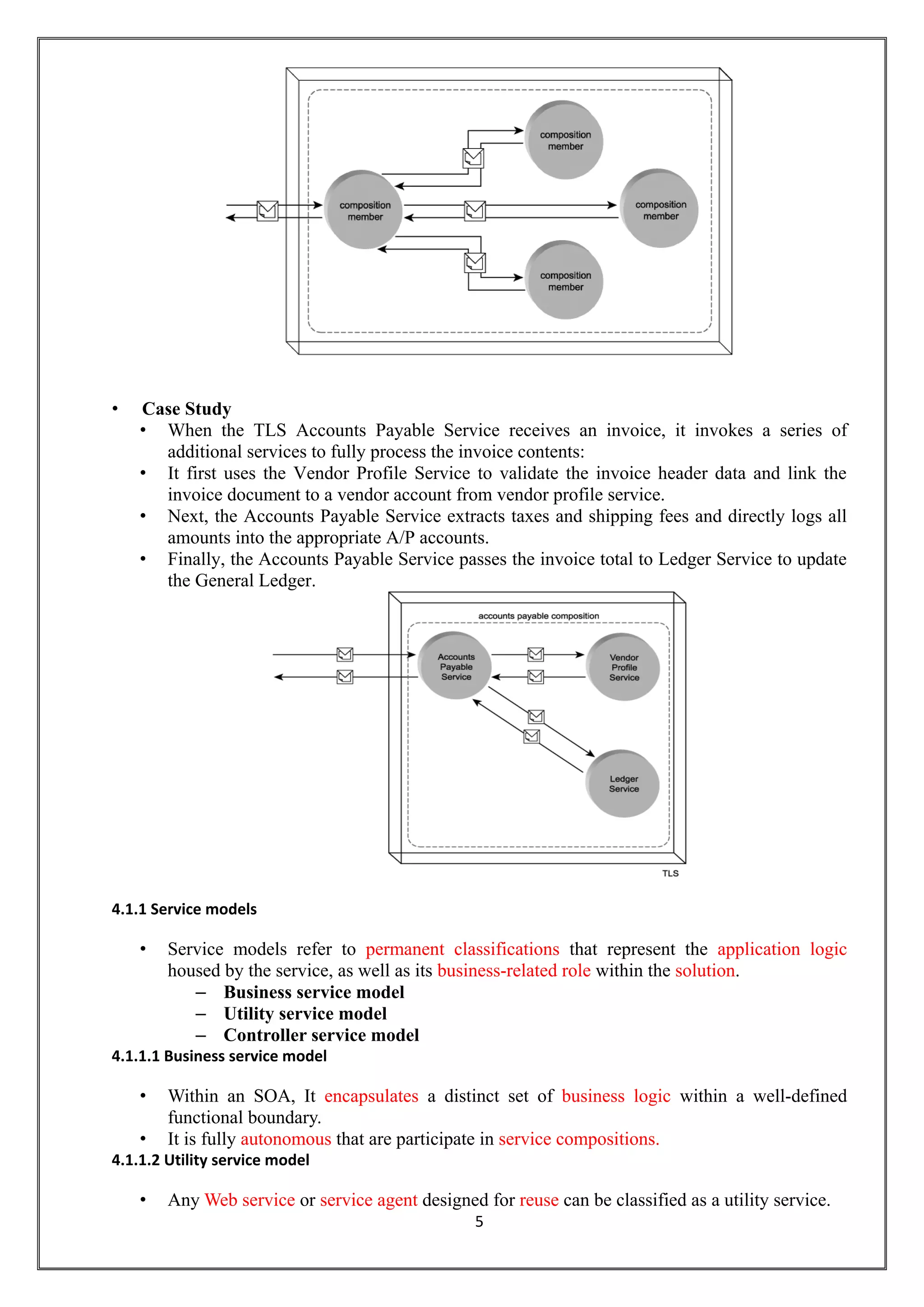 5
• Case Study
• When the TLS Accounts Payable Service receives an invoice, it invokes a series of
additional services to fully process the invoice contents:
• It first uses the Vendor Profile Service to validate the invoice header data and link the
invoice document to a vendor account from vendor profile service.
• Next, the Accounts Payable Service extracts taxes and shipping fees and directly logs all
amounts into the appropriate A/P accounts.
• Finally, the Accounts Payable Service passes the invoice total to Ledger Service to update
the General Ledger.
4.1.1 Service models
• Service models refer to permanent classifications that represent the application logic
housed by the service, as well as its business-related role within the solution.
– Business service model
– Utility service model
– Controller service model
4.1.1.1 Business service model
• Within an SOA, It encapsulates a distinct set of business logic within a well-defined
functional boundary.
• It is fully autonomous that are participate in service compositions.
4.1.1.2 Utility service model
• Any Web service or service agent designed for reuse can be classified as a utility service.
 