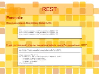 REST Exemplo: Recursos possuem Identificador Global (URI): E sua representação pode ser acessada mediante operações do protocolo HTTP: 