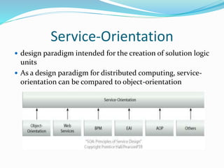 Service-Orientation 
 design paradigm intended for the creation of solution logic 
units 
 As a design paradigm for distributed computing, service-orientation 
can be compared to object-orientation 
 