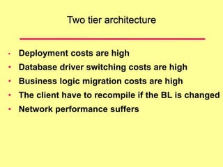 Two tier architecture
• Deployment costs are high
• Database driver switching costs are high
• Business logic migration costs are high
• The client have to recompile if the BL is changed
• Network performance suffers
 