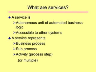 What are services?
 A service is
Autonomous unit of automated business
logic
Accessible to other systems
 A service represents
Business process
Sub process
Activity (process step)
(or multiple)
 