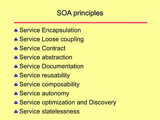 SOA principles
 Service Encapsulation
 Service Loose coupling
 Service Contract
 Service abstraction
 Service Documentation
 Service reusability
 Service composability
 Service autonomy
 Service optimization and Discovery
 Service statelessness
 
