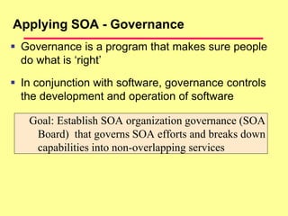 Applying SOA - Governance
Goal: Establish SOA organization governance (SOA
Board) that governs SOA efforts and breaks down
capabilities into non-overlapping services
 Governance is a program that makes sure people
do what is ‘right’
 In conjunction with software, governance controls
the development and operation of software
 