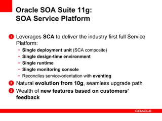 Oracle SOA Suite 11g:
SOA Service Platform
• Leverages SCA to deliver the industry first full Service
Platform:
• Single deployment unit (SCA composite)
• Single design-time environment
• Single runtime
• Single monitoring console
• Reconciles service-orientation with eventing
• Natural evolution from 10g, seamless upgrade path
• Wealth of new features based on customers’
feedback
2
3
1
 
