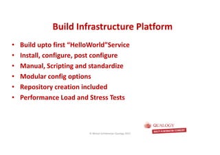 CopyoforiginalCopyoforiginal
Build Infrastructure PlatformBuild Infrastructure Platform
• Build upto first “HelloWorld”Service
• Install, configure, post configure
• Manual, Scripting and standardize
• Modular config options
• Repository creation included
• Performance Load and Stress Tests
© Michel Schildmeijer Qualogy 2015
 