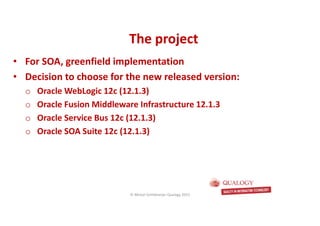 CopyoforiginalCopyoforiginal
The projectThe project
• For SOA, greenfield implementation
• Decision to choose for the new released version:
o Oracle WebLogic 12c (12.1.3)
o Oracle Fusion Middleware Infrastructure 12.1.3
o Oracle Service Bus 12c (12.1.3)
o Oracle SOA Suite 12c (12.1.3)
© Michel Schildmeijer Qualogy 2015
 