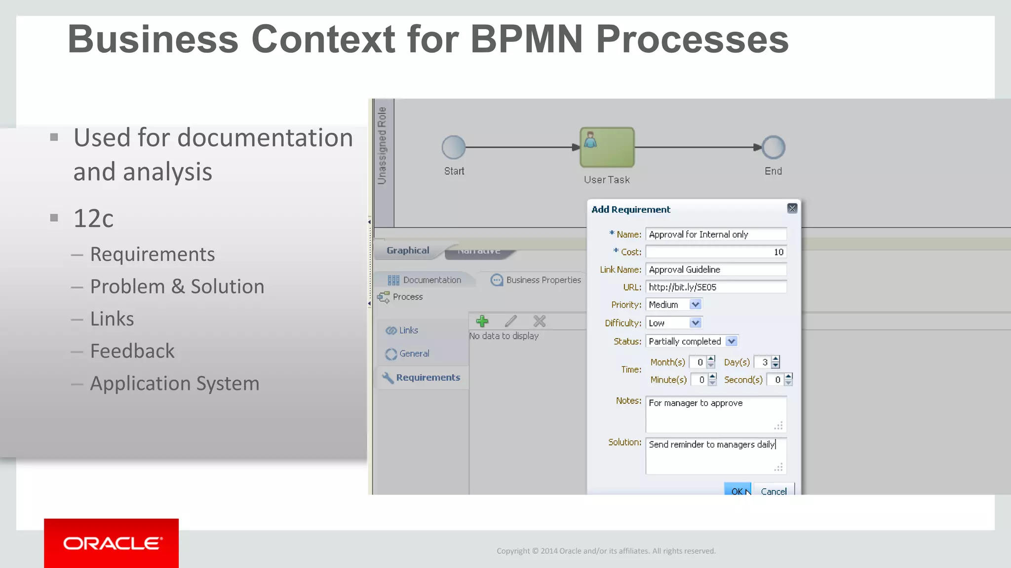Copyright © 2014 Oracle and/or its affiliates. All rights reserved. 
Business Context for BPMN Processes 
Used for documentation and analysis 
12c 
–Requirements 
–Problem & Solution 
–Links 
–Feedback 
–Application System 
 