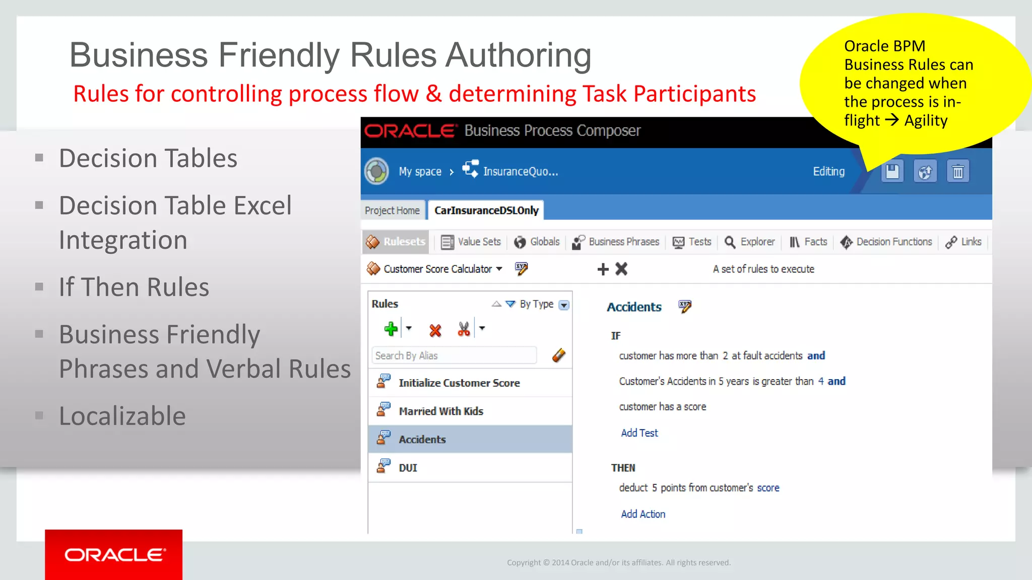 Copyright © 2014 Oracle and/or its affiliates. All rights reserved. 
Decision Tables 
Decision Table Excel Integration 
If Then Rules 
Business Friendly Phrases and Verbal Rules 
Localizable 
Rules for controlling process flow & determining Task Participants 
Business Friendly Rules Authoring 
Oracle BPM Business Rules can be changed when the process is in- flight  Agility  