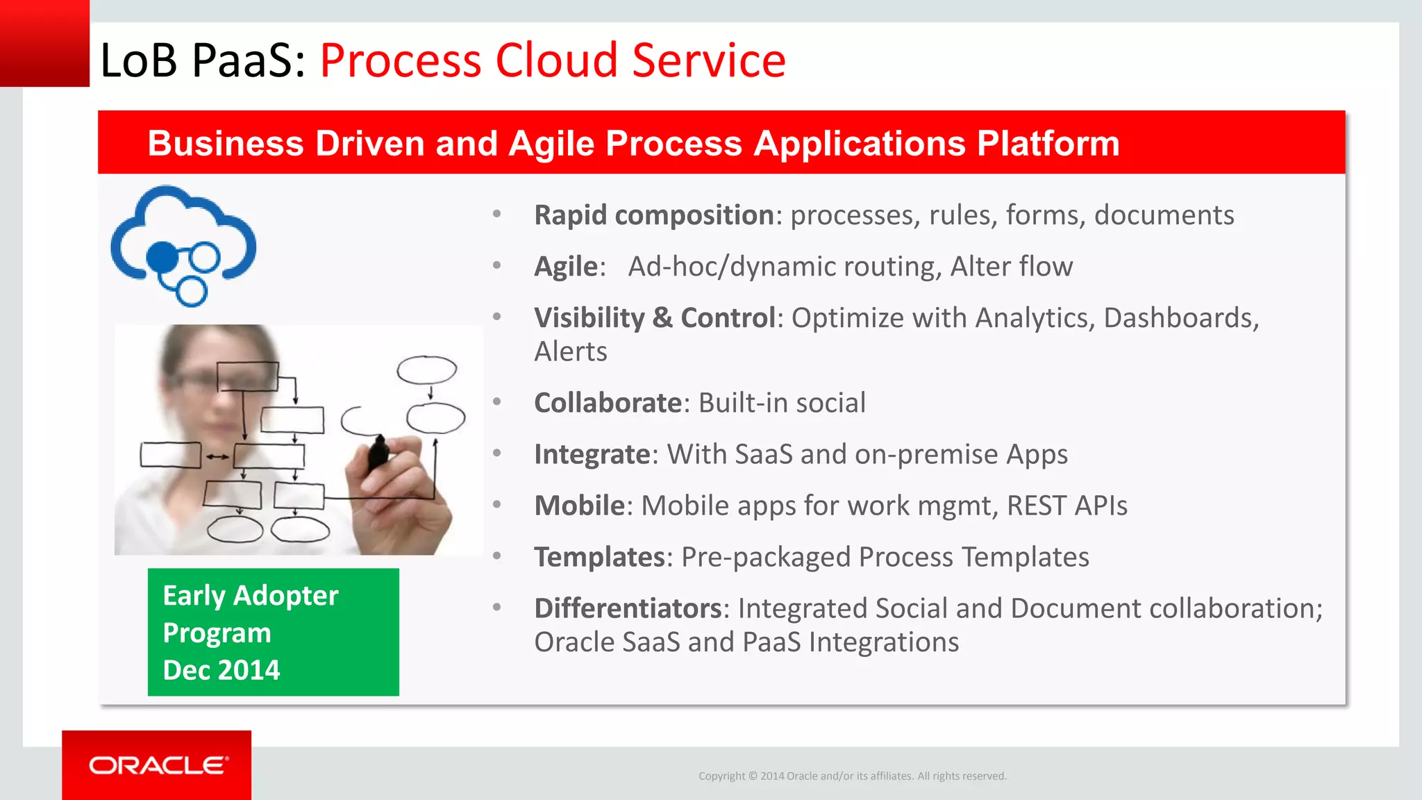 Copyright © 2014 Oracle and/or its affiliates. All rights reserved. 
LoB PaaS: Process Cloud Service 
•Rapid composition: processes, rules, forms, documents 
•Agile: Ad-hoc/dynamic routing, Alter flow 
•Visibility & Control: Optimize with Analytics, Dashboards, Alerts 
•Collaborate: Built-in social 
•Integrate: With SaaS and on-premise Apps 
•Mobile: Mobile apps for work mgmt, REST APIs 
•Templates: Pre-packaged Process Templates 
•Differentiators: Integrated Social and Document collaboration; Oracle SaaS and PaaS Integrations 
Business Driven and Agile Process Applications Platform 
Early Adopter Program 
Dec 2014  