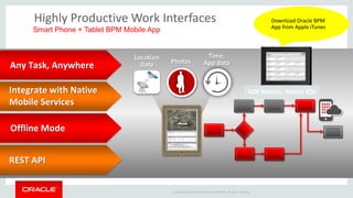 Copyright © 2014 Oracle and/or its affiliates. All rights reserved. 
Highly Productive Work Interfaces Any Task, Anywhere Offline Mode 
Integrate with Native 
Mobile Services Location Data Time, App data 
Photos 
ADF Mobile, Native iOS 
REST API 
Smart Phone + Tablet BPM Mobile App 
Download Oracle BPM App from Apple iTunes  