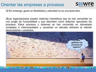 Orientar las empresas a procesos Sin embargo, ganar en flexibilidad y velocidad no es una tarea fácil. Las organizaciones poseen sistemas monolíticos que se han convertido en una jungla de funcionalidad y que describen como deberían ejecutarse los procesos. Estos procesos y sistemas se han convertido en demasiado complejos e interconectados y causarían un elevado esfuerzo el intentar desacoplarlos y ajustarlos. ¿Cómo optimizo mis procesos de negocio? 