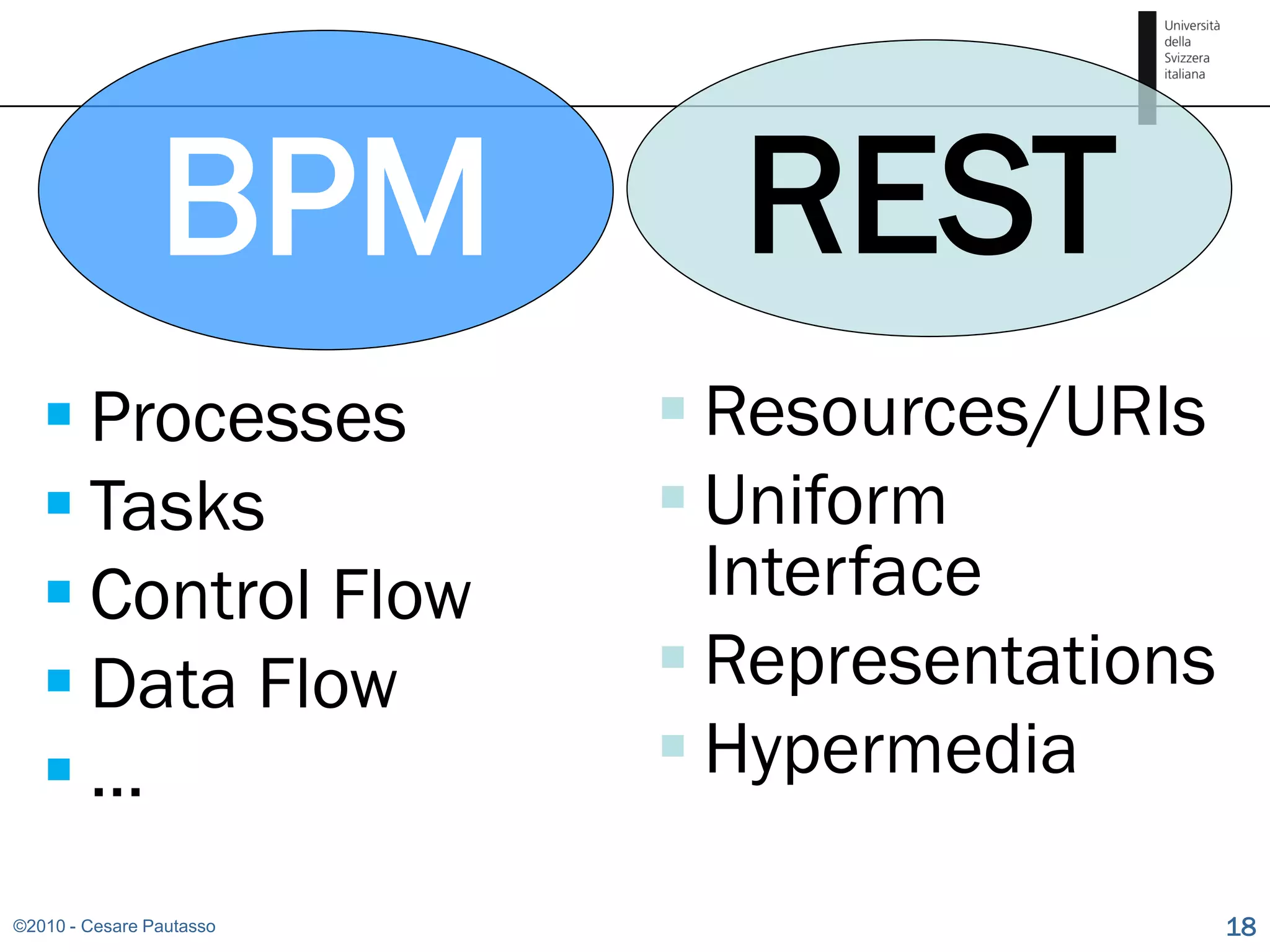 BPM         REST
    Processes             Resources/URIs
    Tasks                 Uniform
    Control Flow           Interface
    Data Flow             Representations
   …                      Hypermedia

©2010 - Cesare Pautasso                       18
 
