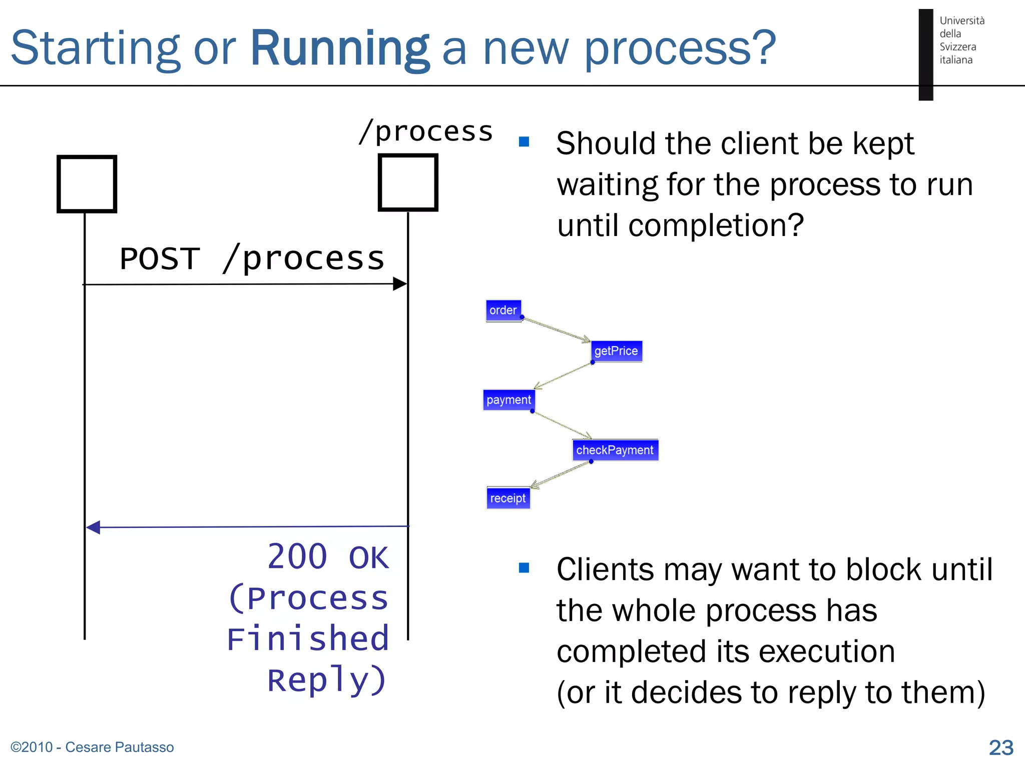 Starting or Running a new process?
                                /process    Should the client be kept
                                             waiting for the process to run
                                             until completion?
               POST /process




                            200 OK          Clients may want to block until
                          (Process           the whole process has
                          Finished           completed its execution
                            Reply)           (or it decides to reply to them)
©2010 - Cesare Pautasso                                                       23
 