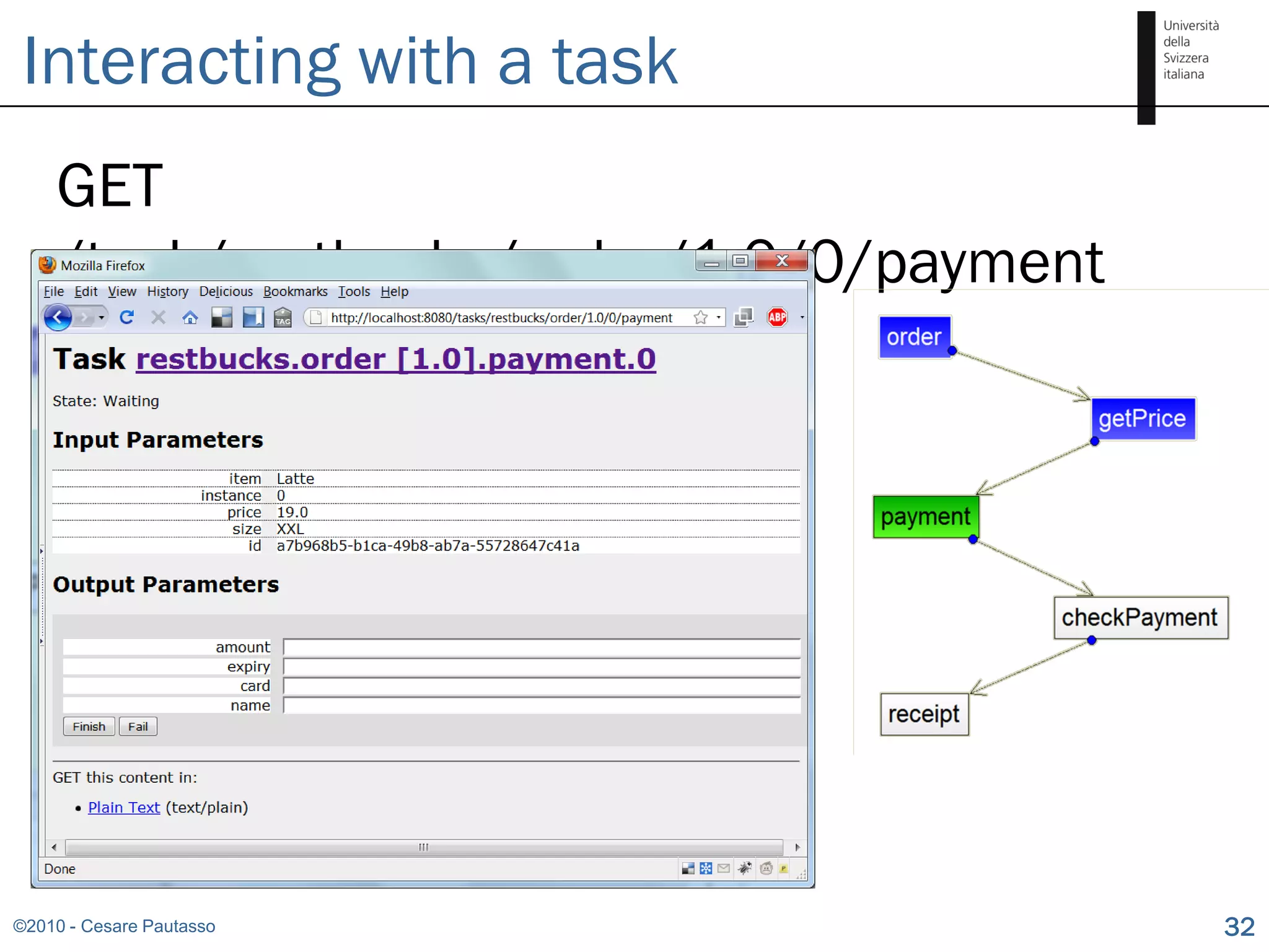 Interacting with a task
    GET
    /task/restbucks/order/1.0/0/payment




©2010 - Cesare Pautasso                   32
 