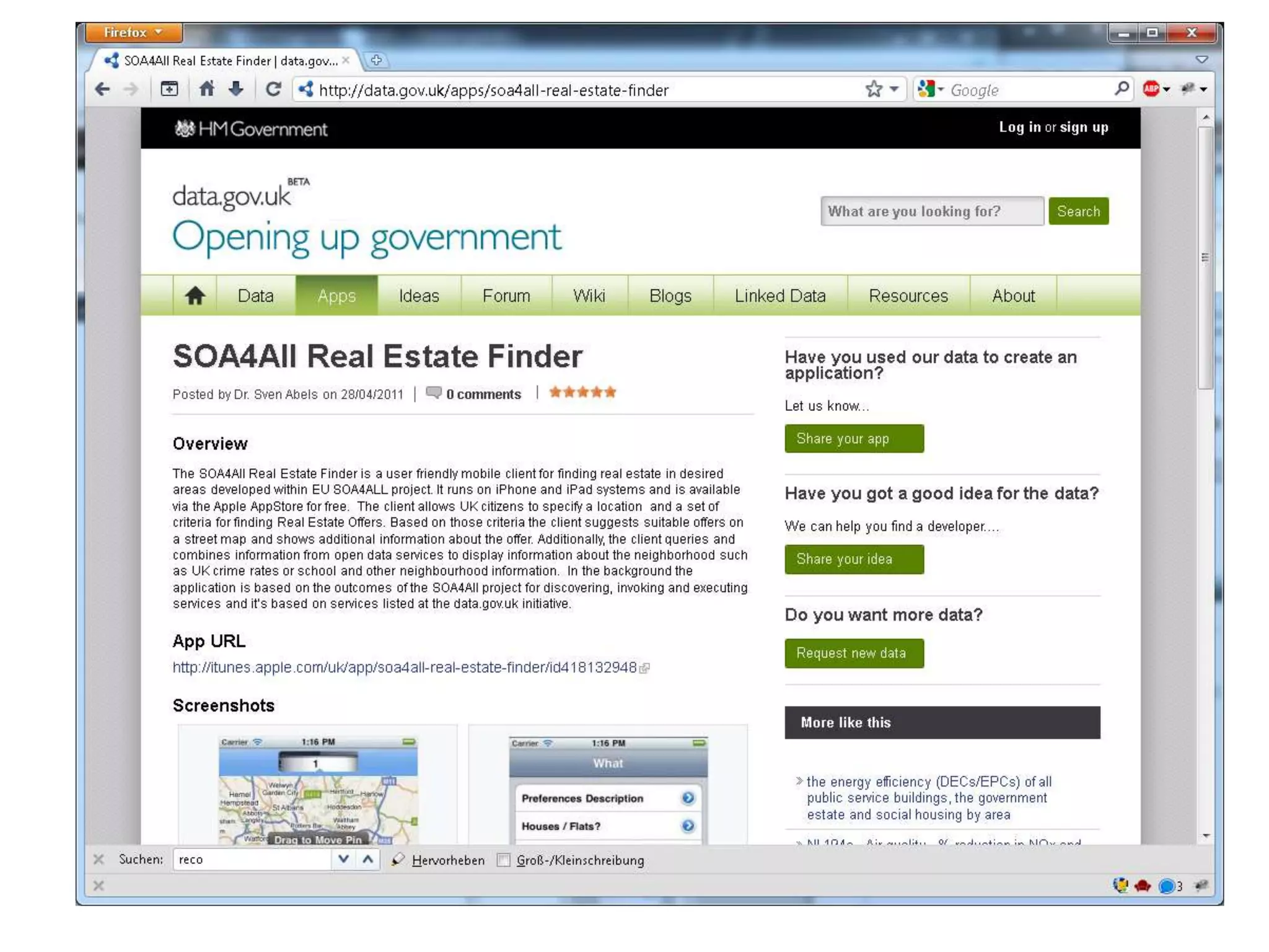 Status

•   Officially listed at data.gov.uk as example app for open webservices

•   http://data.gov.uk/apps/soa4all-real-estate-finder




                                                                           42
 