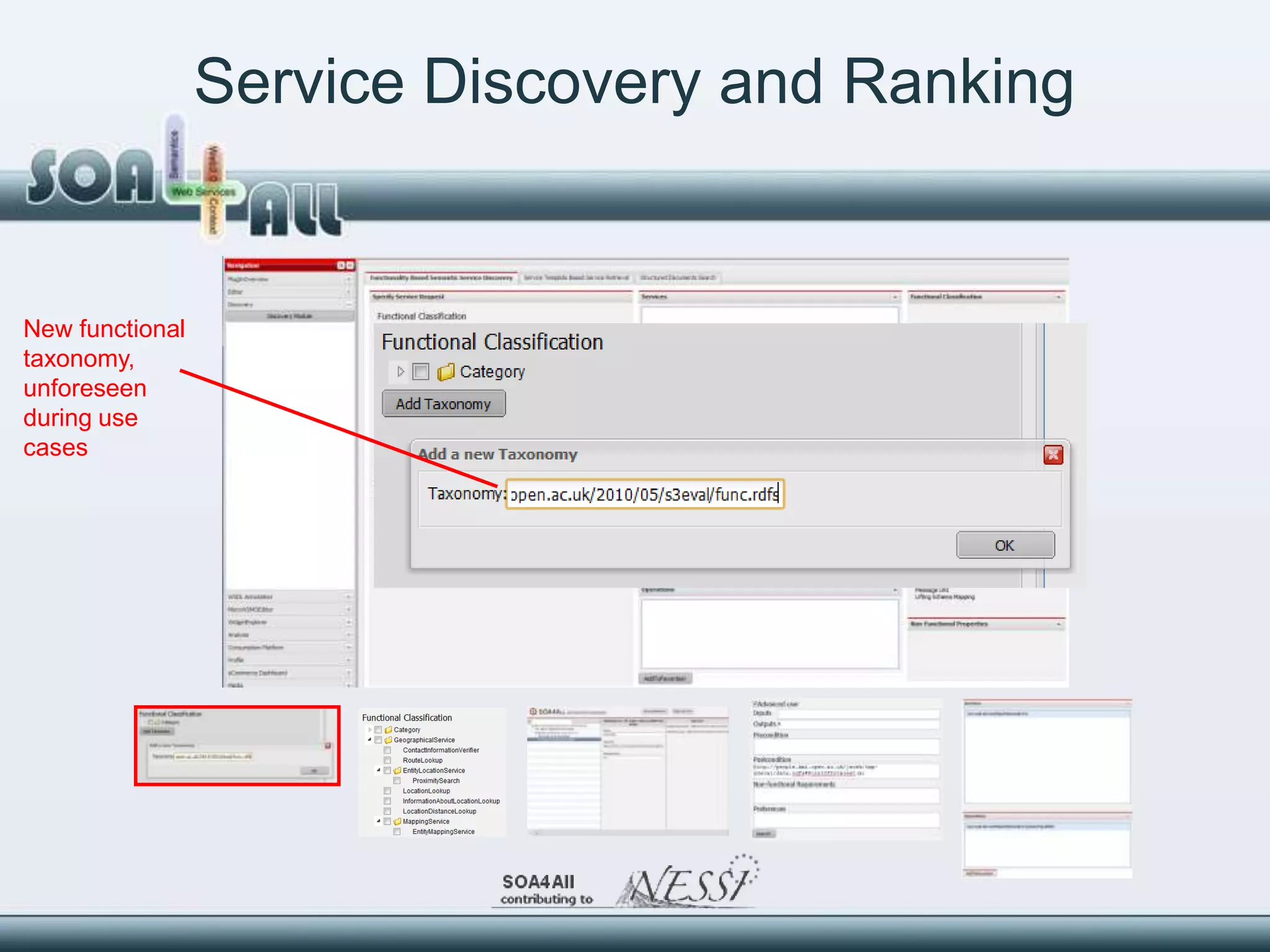 Service Discovery and Ranking


New functional
taxonomy,
unforeseen
during use
cases
 
