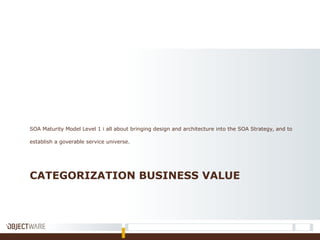 CATEGORIZATION BUSINESS VALUE
SOA Maturity Model Level 1 i all about bringing design and architecture into the SOA Strategy, and to
establish a goverable service universe.
 