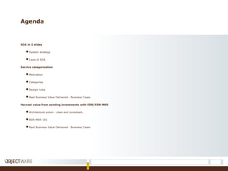 Agenda
SOA in 2 slides
● System strategy
● Laws of SOA
Service categorization
● Motivation
● Categories
● Design rules
● Real Business Value Delivered - Business Cases
Harvest value from existing investments with EDR/EDR-MDS
● Architecture axiom - clear and consistant..
● EDR-MDS 101
● Real Business Value Delivered - Business Cases
 