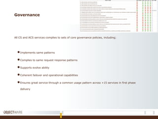 Governance
All CS and ACS services complies to sets of core governance policies, including;
●Implements same patterns
●Complies to same request response patterns
●Supports evolve ability
●Coherent failover and operational capabilities
●Ensures great service through a common usage pattern across +15 services in first phase
delivery
 