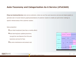 Auto-Taxonomy and Categorization As A Service (ATaCAAS)
Pimp my CustomerService-style service extension, where we use free auto-taxonomy services and object-graphs to
generate web 2.0 social-network graphs/presentations of customer clusters to enable pin-point direct mailings to
specific interest-areas of the customer clusters.
Value proposition
●Low initial investment (less than a months effort)
●Auto-learning/auto-updating taxonomy
(we get the new features from the auto
taxonomy services for free)
●No extra maintenance and product cost
SOA i Praktiken: Lorentzen & Stemoco
 