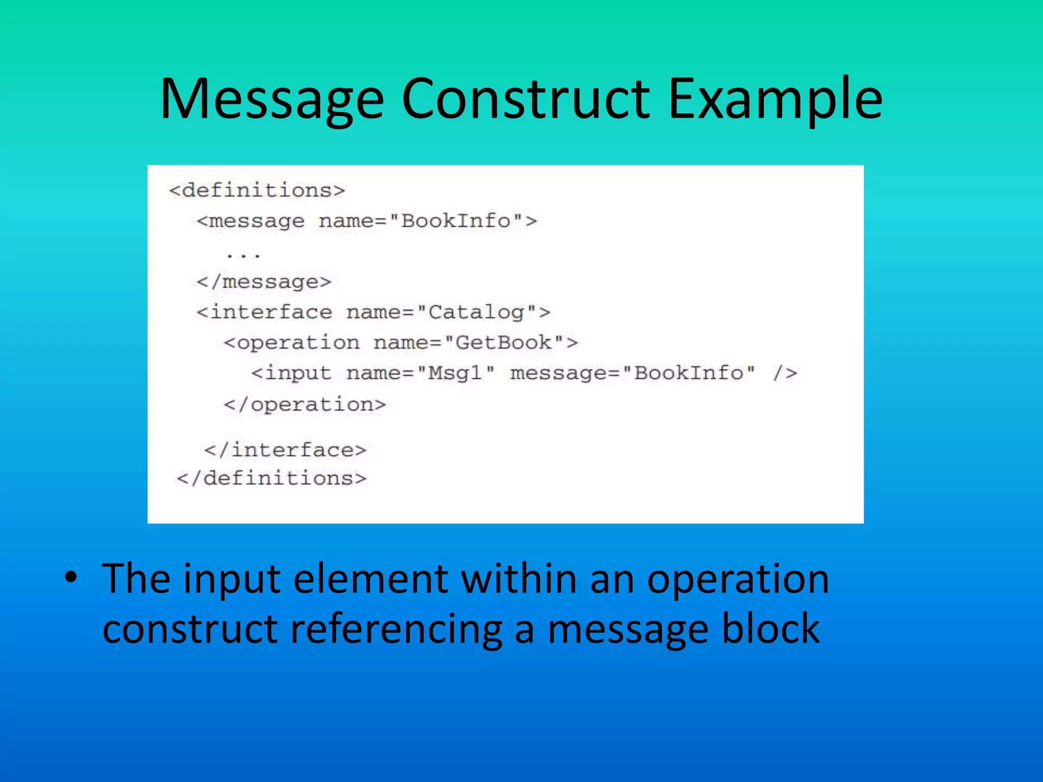 Message Construct Example
• The input element within an operation
construct referencing a message block
 