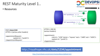 REST Maturity Level 1..
• Resources
https://martinfowler.com/articles/richardsonMaturityModel.html
POST /slots/1234
HTTP/1.1 [various other headers]
<appointmentRequest>
<patient id = "jsmith"/>
</appointmentRequest>
HTTP/1.1 200 OK
[various headers]
<appointment>
<slot id = "1234" doctor = "mjones" start = "1400" end = "1450"/>
<patient id = "jsmith"/>
</appointment>
http://royalhope.nhs.uk/slots/1234/appointment
 