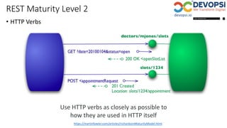 REST Maturity Level 2
• HTTP Verbs
https://martinfowler.com/articles/richardsonMaturityModel.html
Use HTTP verbs as closely as possible to
how they are used in HTTP itself
 
