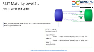 REST Maturity Level 2…
• HTTP Verbs and Codes
https://martinfowler.com/articles/richardsonMaturityModel.html
GET /doctors/mjones/slots?date=20100104&status=open HTTP/1.1
Host: royalhope.nhs.uk
HTTP/1.1 200 OK
[various headers]
<openSlotList>
<slot id = "1234" doctor = "mjones" start = "1400" end =
"1450"/>
<slot id = "5678" doctor = "mjones" start = "1600" end =
"1650"/>
</openSlotList>
 