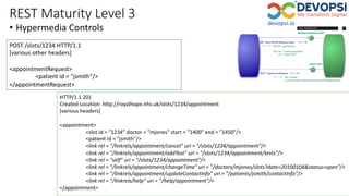 REST Maturity Level 3
• Hypermedia Controls
https://martinfowler.com/articles/richardsonMaturityModel.html
POST /slots/1234 HTTP/1.1
[various other headers]
<appointmentRequest>
<patient id = "jsmith"/>
</appointmentRequest>
HTTP/1.1 201
Created Location: http://royalhope.nhs.uk/slots/1234/appointment
[various headers]
<appointment>
<slot id = "1234" doctor = "mjones" start = "1400" end = "1450"/>
<patient id = "jsmith"/>
<link rel = "/linkrels/appointment/cancel" uri = "/slots/1234/appointment"/>
<link rel = "/linkrels/appointment/addTest" uri = "/slots/1234/appointment/tests"/>
<link rel = "self" uri = "/slots/1234/appointment"/>
<link rel = "/linkrels/appointment/changeTime" uri = "/doctors/mjones/slots?date=20100104&status=open"/>
<link rel = "/linkrels/appointment/updateContactInfo" uri = "/patients/jsmith/contactInfo"/>
<link rel = "/linkrels/help" uri = "/help/appointment"/>
</appointment>
 