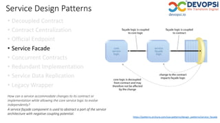 Service Design Patterns
• Decoupled Contract
• Contract Centralization
• Official Endpoint
• Service Facade
• Concurrent Contracts
• Redundant Implementation
• Service Data Replication
• Legacy Wrapper
https://patterns.arcitura.com/soa-patterns/design_patterns/service_facade
How can a service accommodate changes to its contract or
implementation while allowing the core service logic to evolve
independently?
A service façade component is used to abstract a part of the service
architecture with negative coupling potential.
 