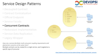 Service Design Patterns
• Decoupled Contract
• Contract Centralization
• Official Endpoint
• Service Facade
• Concurrent Contracts
• Redundant Implementation
• Service Data Replication
• Legacy Wrapper
https://patterns.arcitura.com/soa-patterns/design_patterns/concurrent_contracts
How can a service facilitate multi-consumer coupling requirements and
abstraction concerns at the same time?
Multiple contracts can be created for a single service, each targeted at a
specific type of consumer
 