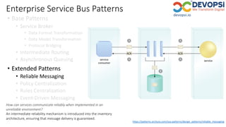 Enterprise Service Bus Patterns
• Base Patterns
• Service Broker
• Data Format Transformation
• Data Model Transformation
• Protocol Bridging
• Intermediate Routing
• Asynchronous Queuing
• Extended Patterns
• Reliable Messaging
• Policy Centralization
• Rules Centralization
• Event-Driven Messaging
https://patterns.arcitura.com/soa-patterns/design_patterns/reliable_messaging
How can services communicate reliably when implemented in an
unreliable environment?
An intermediate reliability mechanism is introduced into the inventory
architecture, ensuring that message delivery is guaranteed.
 