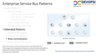 Enterprise Service Bus Patterns
• Base Patterns
• Service Broker
• Data Format Transformation
• Data Model Transformation
• Protocol Bridging
• Intermediate Routing
• Asynchronous Queuing
• Extended Patterns
• Reliable Messaging
• Policy Centralization
• Rules Centralization
• Event-Driven Messaging
https://patterns.arcitura.com/soa-patterns/design_patterns/rules_centralization
How can business rules be abstracted and centrally governed?
The storage and management of business rules are positioned within a
dedicated architectural extension from where they can be centrally
accessed and maintained.
 