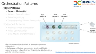 Orchestration Patterns
• Base Patterns
• Process Abstraction
• Process Centralization
• State Repository
• Compensating Service Transaction
• Extended Patterns
• Atomic Service Transaction
• Rules Centralization
• Data Model Transformation
https://patterns.arcitura.com/soa-patterns/design_patterns/process_abstraction
How can non-agnostic process logic be separated and governed
independently?
A dedicated parent business process service layer is established to
support governance independence and the positioning of task services as
potential enterprise resources.
 