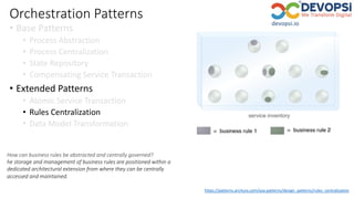 Orchestration Patterns
• Base Patterns
• Process Abstraction
• Process Centralization
• State Repository
• Compensating Service Transaction
• Extended Patterns
• Atomic Service Transaction
• Rules Centralization
• Data Model Transformation
https://patterns.arcitura.com/soa-patterns/design_patterns/rules_centralization
How can business rules be abstracted and centrally governed?
he storage and management of business rules are positioned within a
dedicated architectural extension from where they can be centrally
accessed and maintained.
 