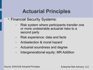 Actuarial Principles
   
       Financial Security Systems:
           –    Risk system where participants transfer one
                or more undesirable actuarial risks to a
                second party
           –    Risk experience: data and facts
           –    Antiselection & moral hazard
           –    Actuarial soundness and degree
           –    Intergenerational equity: MR Addition



Source: SOA/CAS Actuarial Principles       Enterprise Risk Advisory, LLC
 